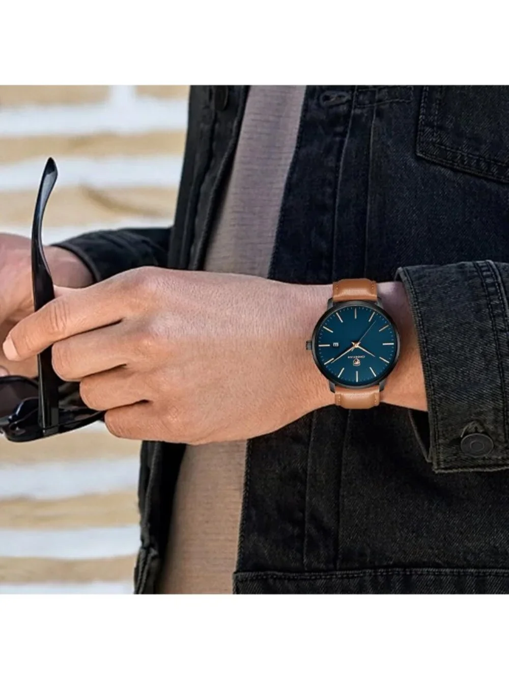 Men's Brown/Black/Blue Leather Strap Minimalist Waterproof Quartz Wrist Watch
